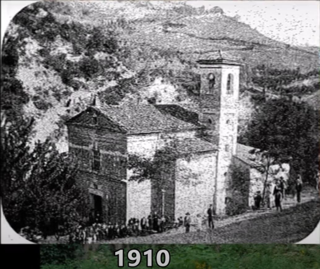 Fotografia storica in bianco e nero del santuario della Madonna del Rio nel 1910