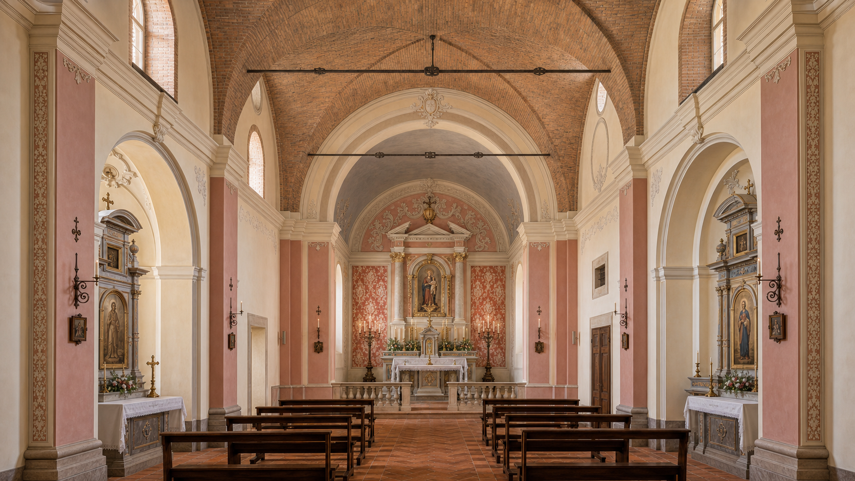 Rendering dell'interno restaurato del santuario della Madonna del Rio